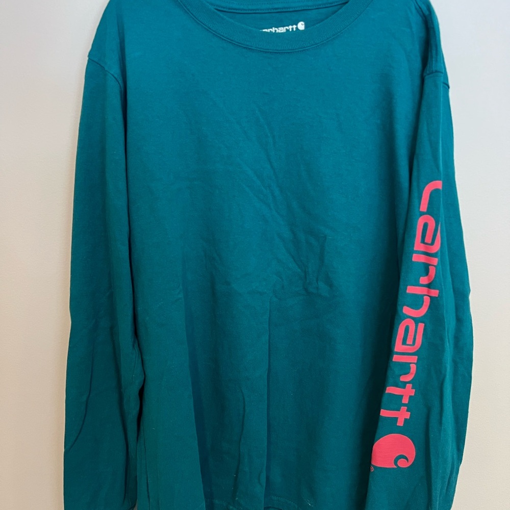 Carhartt Teal Shirt with Pink Sleeve Logo